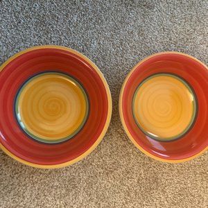 2 ROYAL NORFOLK 7 1/2" FIESTA MAMBO CEREAL/SOUP BOWLS WITH RAINBOW YELLOW CENTER